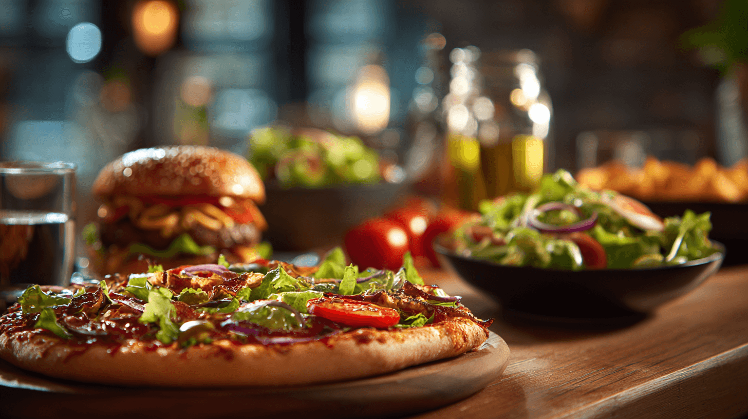 cozybistrooreganodiningscenefeaturingvibrantpizzaburgerspastaandfreshsalad.